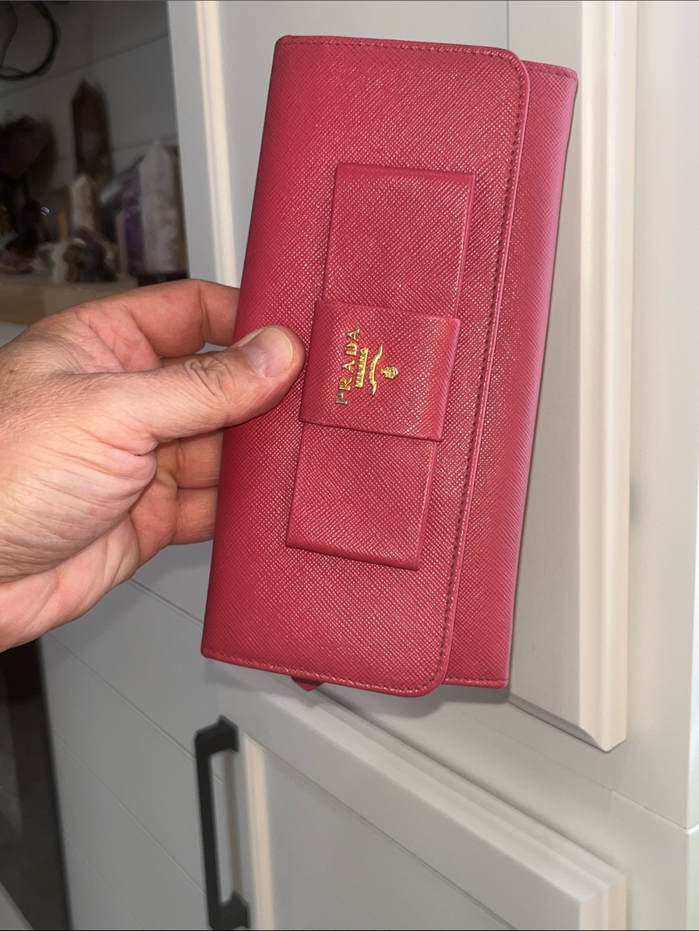 Prada Fuchsia Saffiano Leather Bow Continental Wallet Good Condition - Picture 11 of 13